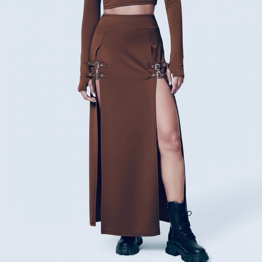 halara high waisted decorative buckle split 2-in-1 maxi casual skirt large